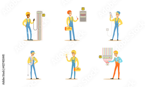 Professional Electricians, Male Electrician Engineers in Uniform Installing and Repairing Electrical Appliance, Repair Service and Maintenance Cartoon Vector Illustration
