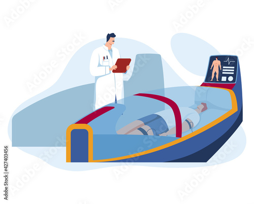 Anabiosis sleep astronaut, spaceman be space, science medical, laboratory spaceship, design, flat style vector illustration.