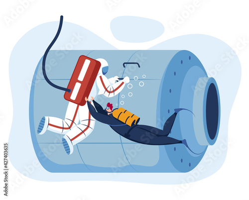 Astronaut training, weightlessness teach space, spaceman test, novice education, design, flat style vector illustration.