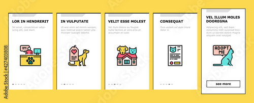 Animal Pet Shelter Onboarding Mobile App Page Screen Vector. Pet Shelter Building And Worker, Eating Cat And Dog, Puppy Present And Medical Document Illustrations