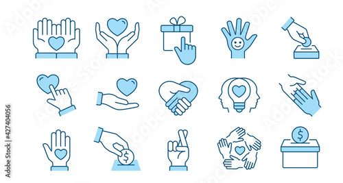 Charity icon set. Collection of donate, trust, humanitarian, hope and more. Vector illustration. Editable stroke.