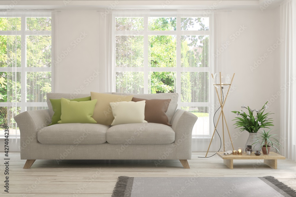 White living room with sofa and summer landscape in window. Scandinavian interior design. 3D illustration White living room with sofa and summer landscape in window. Scandinavian interior design. 3D illustration