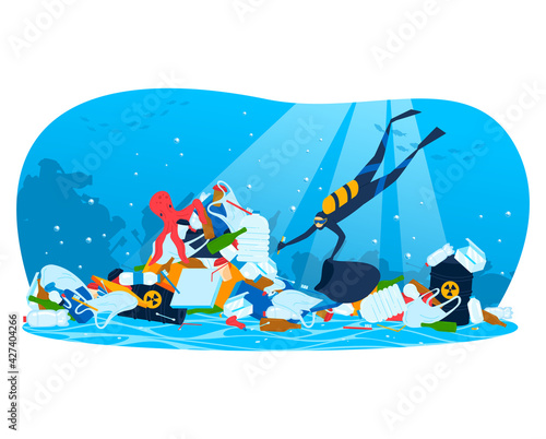 Garbage trash, ecology pollution, ocean plastic dirty background, problem concept, design, in cartoon style vector illustration.