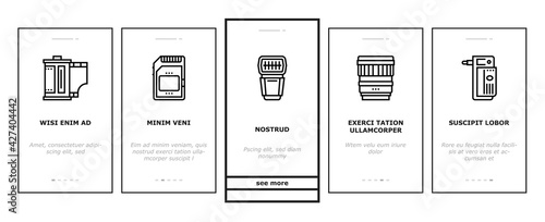 Photography Device Onboarding Mobile App Page Screen Vector. Mobile Phone And Photo Camera, Go Pro And Drone, Memory Card And Flash Photography Equipment Illustrations