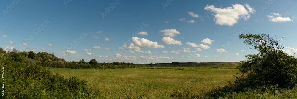 Green meadow and blue sky landscape panorama Green meadow and blue sky landscape panorama