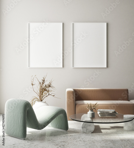 mock up poster frame in modern interior background  living room  Art Deco style  3D render  3D illustration