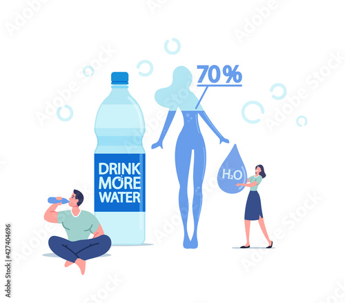 Sportsman Drinking Pure Water from Bottle Refreshing after Fitness Sports Activity. Tiny Woman with Huge H2O Drop