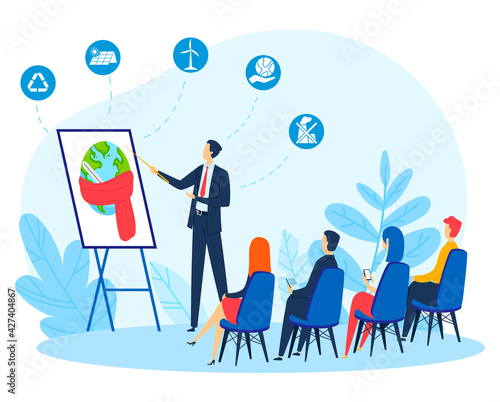 Conference presentation people counting nature, planet eco pollution problem, audience, design, flat style vector illustration.