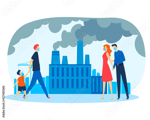 Plant pollutes air, factory pollution, environment, people masks, toxic harmful climate, design, flat style vector illustration.