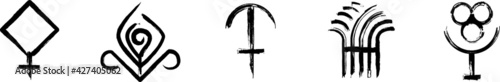 Symbols for Greek Mythology signs. Set of the ancient glyphs. Athene (Minerva), Chloris (Flora), Chronos, Demeter (Cerere), Dionysus (Bacchus). Black ink handwriting. Vector