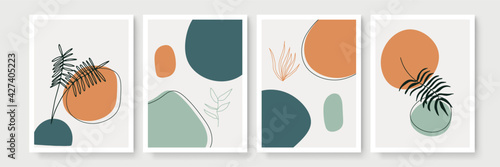 Abstract modern botanical boho poster collection. Organic bohemian wall art poster for minimal luxury interior with watercolor abstract shapes. Neutral paster color, foliage drawing. Acrylic vector
