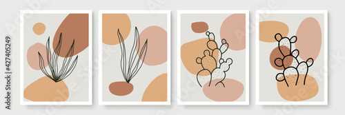 Abstract modern botanical boho poster collection. Organic bohemian wall art poster for minimal luxury interior with watercolor abstract shapes. Neutral paster color, foliage drawing. Acrylic vector