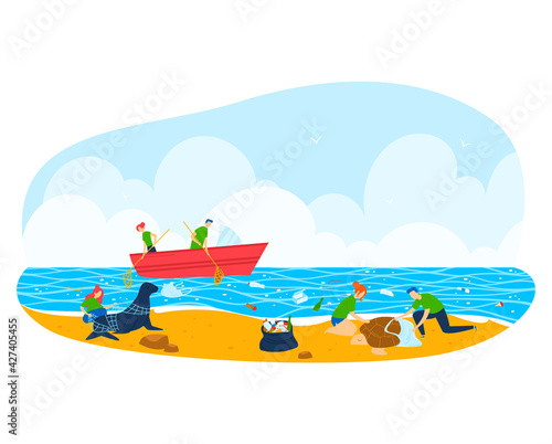 Beach cleaning river, nature pollution garbage, bottle plastic collection cleaning, design, cartoon style vector illustration.