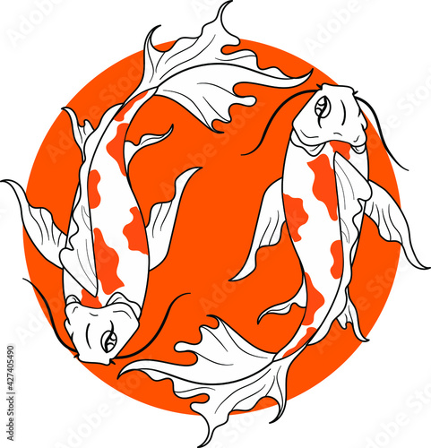 Koi fish with orange circle background isolated, vector illustration. Good for mascot logo symbol and decoration.  This logo perfectly used for any Fortune, talisman or other printing businesses.