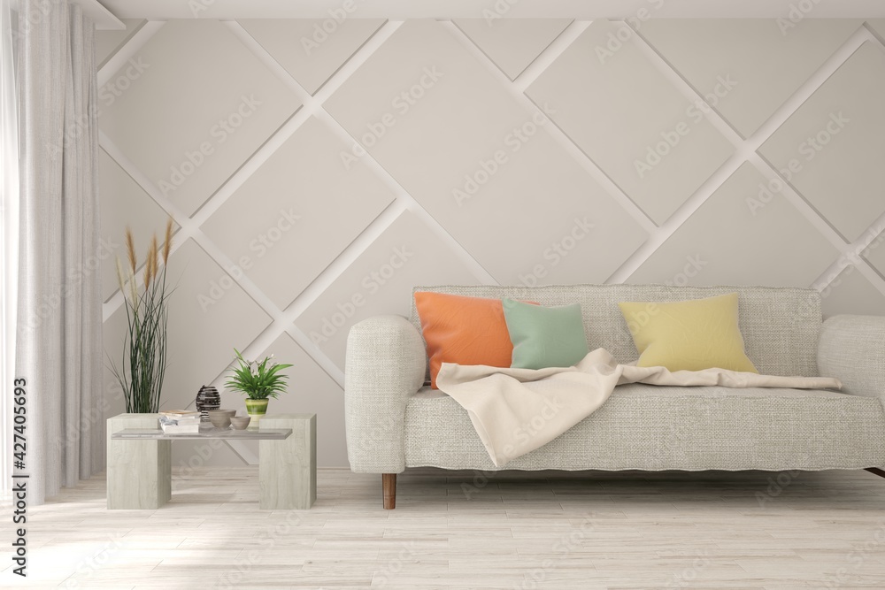 Obraz premium Soft color living room with sofa. Scandinavian interior design. 3D illustration