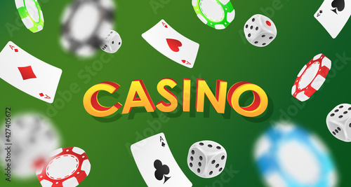 Banner with falling red, green, blue, black poker chips, tokens, white dices, playing cards on green background and yellow letters. Vector illustration for casino, game design, advertising.