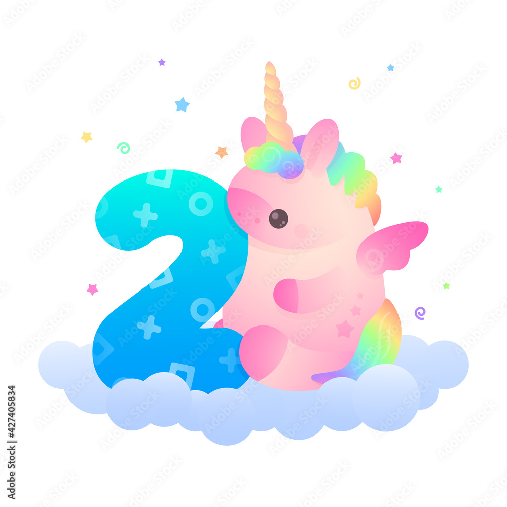 Cute plump pink unicorn with  rainbow hair and blue number 2 sitting on blue cloud with stars around. Holiday, birthday  illustration for postcard greeting card, banner, party on white background.