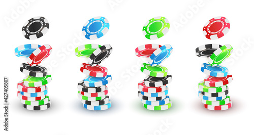 Falling red, green, blue, black stack poker chips, tokens on white background. Vector illustration for casino, game design, advertising.