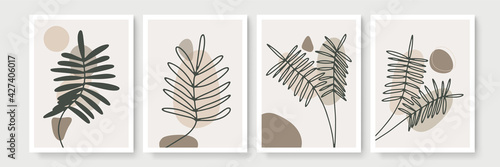 Set of abstract floral backgrounds for wall decor. Vector trendy minimal templates in boho style with copy space for text. Botanical wall art vector set. Earth tone boho foliage line art drawing