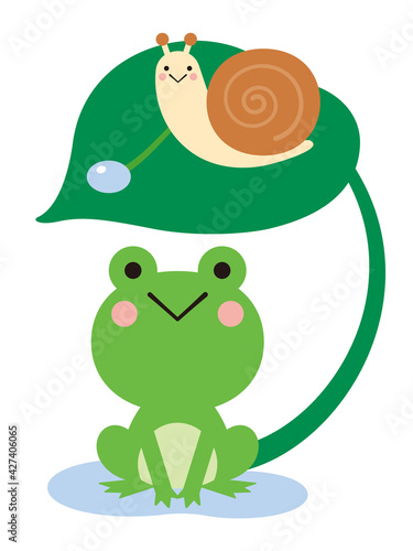 梅雨の季節のカエルとカタツムリと葉っぱのイラスト