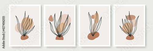 Set of abstract floral backgrounds for wall decor. Vector trendy minimal templates in boho style with copy space for text. Botanical wall art vector set. Earth tone boho foliage line art drawing