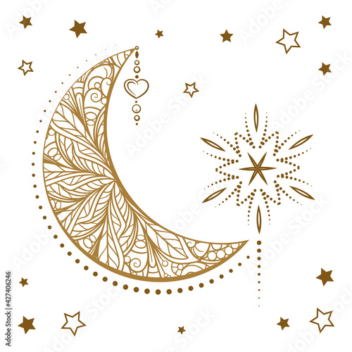 Golden cresent moon illustration. Ethnic style vector graphic.