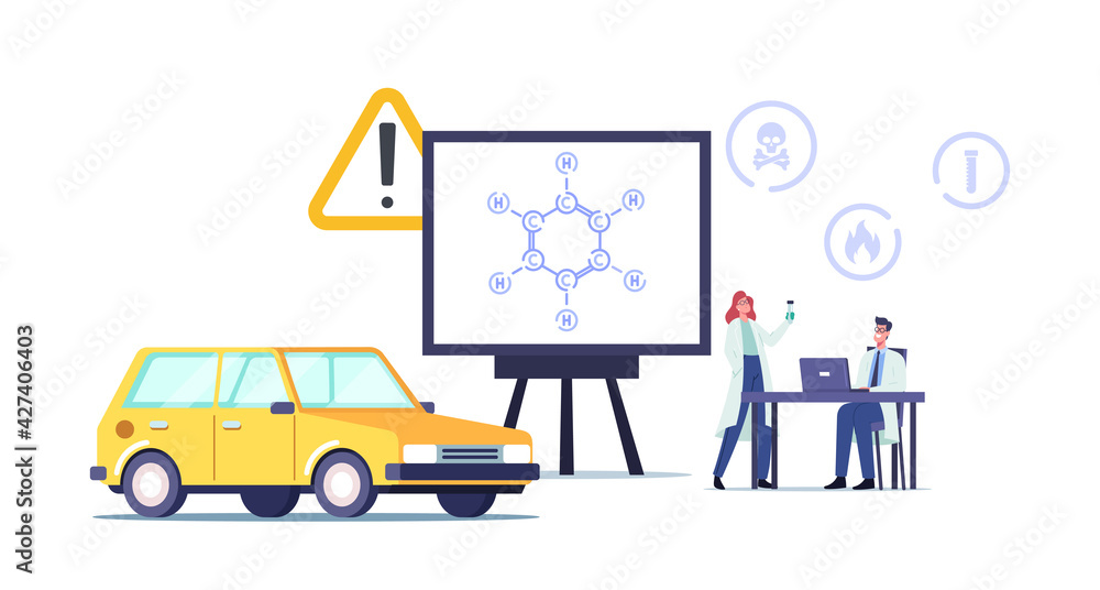 Tiny Scientist Characters in Laboratory near Huge Screen with Benzene Ring Hydrocarbon Formula C6H6. Petroleum Refueling Tiny Scientist Characters in Laboratory near Huge Screen with Benzene Ring Hydrocarbon Formula C6H6. Petroleum Refueling