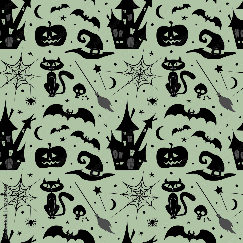 Halloween set collection elements for greetings. Spider, bats, cat, wizard hat, moon, castle, cemetery, pumpkin seamless pattern. Vector illustration.
