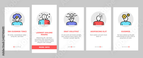 Psychological Problems Onboarding Mobile App Page Screen Vector. Depression And Bipolar Disorder, Schizophrenia And Dementia, Autism And Stress Problems Illustrations