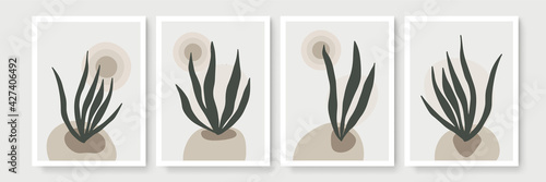 Set of abstract floral backgrounds for wall decor. Vector trendy minimal templates in boho style with copy space for text. Botanical wall art vector set. Earth tone boho foliage line art drawing