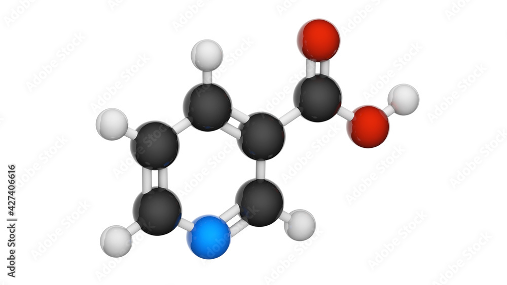 Vitamin B3(Nicotinamide). Also known as nicotinic acid. 3D illustration. Chemical structure model: Ball and Stick. White background. Vitamin B3(Nicotinamide). Also known as nicotinic acid. 3D illustration. Chemical structure model: Ball and Stick. White background.