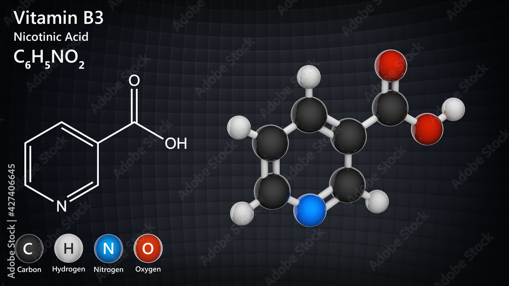 Vitamin B3(Nicotinamide). Also known as nicotinic acid. 3D illustration ...