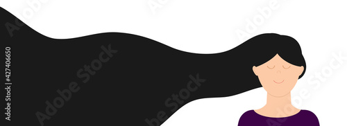 Beautiful girl woman with black dark long hair. Banner template print. for beauty spa salon. Flat design. White background.
