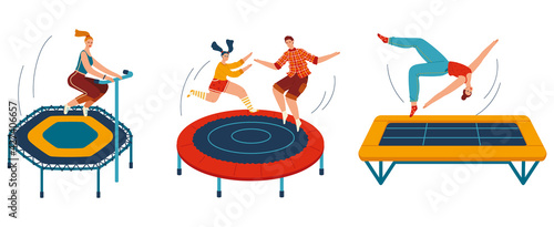 People jumping trampolines set of isolated vector illustration. Trampolining people and rebounders. Entertainment park.