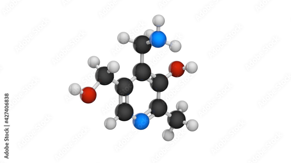 Molecular structure of Vitamin B6 (Pyridoxamine). 3D illustration. Chemical structure model: Ball and Stick.