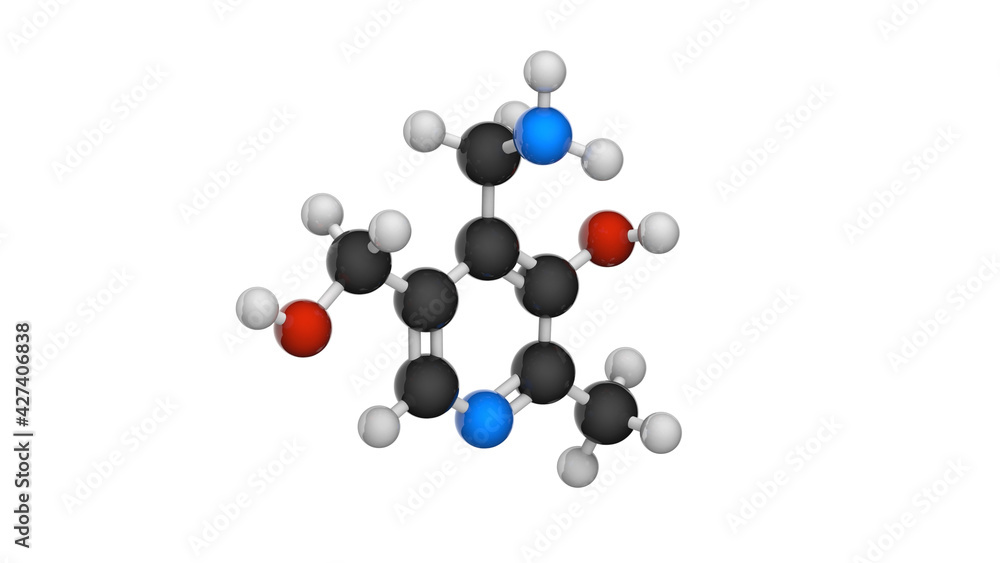 Molecular structure of Vitamin B6 (Pyridoxamine). 3D illustration. Chemical structure model: Ball and Stick. Molecular structure of Vitamin B6 (Pyridoxamine). 3D illustration. Chemical structure model: Ball and Stick.