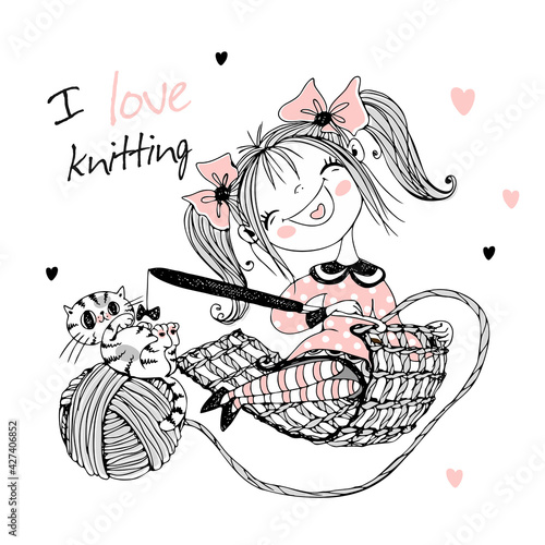 Cute girl needlewoman with a cat knits crochet. Vector