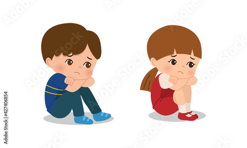 Boy and girl sitting on the floor and feel upset. Flat vector cartoon design
