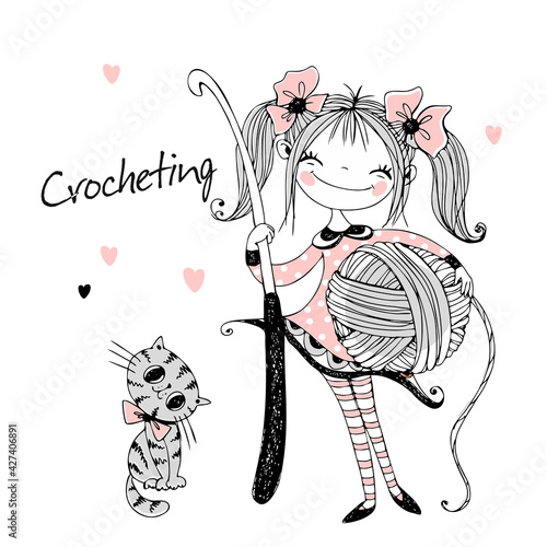 Cute needlewoman girl with a crochet hook in her hands. Vector