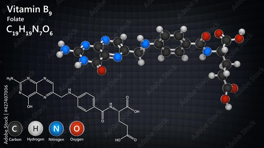 Vitamin B9 (Folate). Also known as Folacin, and historically Vitamin M. 3D illustration. Chemical structure model: Ball and Stick. Vitamin B9 (Folate). Also known as Folacin, and historically Vitamin M. 3D illustration. Chemical structure model: Ball and Stick.