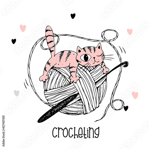 A cat on a ball of yarn. Crochet logo. Vector