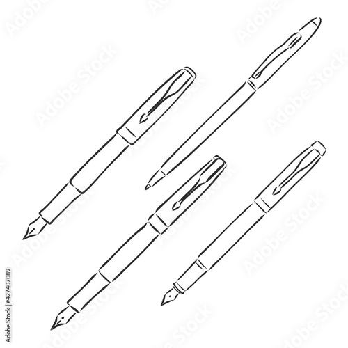 Vector black line art, hand drawn sketch on white background, isolated object of school supplies writing and drawing tools, pens, pencils, brushes, markers, felt-tip pen, etc, back to school theme.