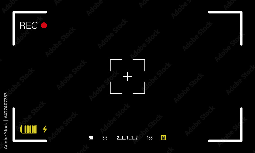 Interface viewfinder with digital camera settings on black background. Viewfinder focusing screen template. Focus of camera viewfinder. Focusing screen of the camera. Vector illustration Interface viewfinder with digital camera settings on black background. Viewfinder focusing screen template. Focus of camera viewfinder. Focusing screen of the camera. Vector illustration