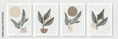 Set of abstract floral backgrounds for wall decor. Vector trendy minimal templates in boho style with copy space for text. Botanical wall art vector set. Earth tone boho foliage line art drawing