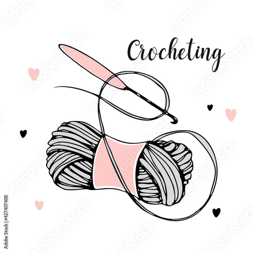 A ball of yarn with a crochet hook. Vector