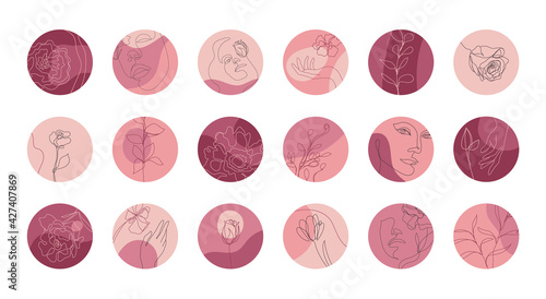 Vector set of highlight stories for social net. Flowers, leaves, hands, woman continuous line circle icons, logos, signs. Abstract shapes, clip art, lines, floral details, texture for your blog