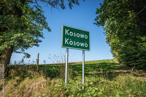 Kosowo village sign, both in Polish and regional Kashubian language, Kaszuby region of Poland