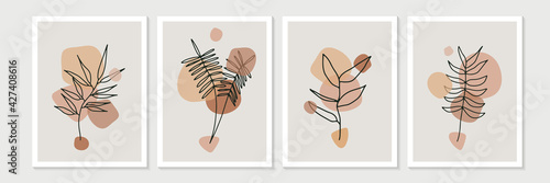 Modern minimalist boho abstract aesthetic illustrations. Bohemian style wall decor with floral and leaves. Collection of contemporary artistic posters.