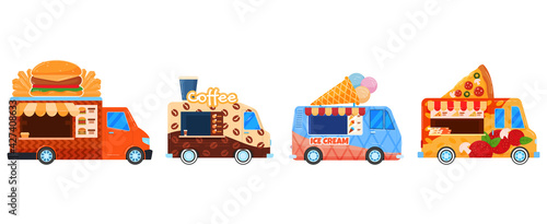 Street food vehicles, truck, vans, pushcart and counters with tent set of vector illustrations. Fast food cars with snack, hot meal.