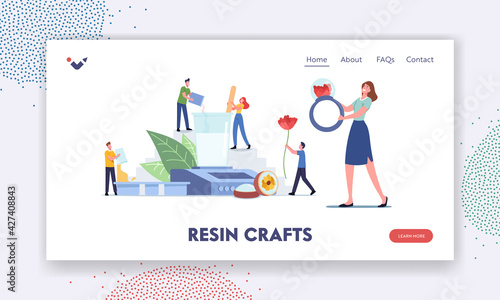 Characters Engage Resin Hobby Landing Page Template. Tiny People with Huge Equipment for Making Craft Jewels and Decor